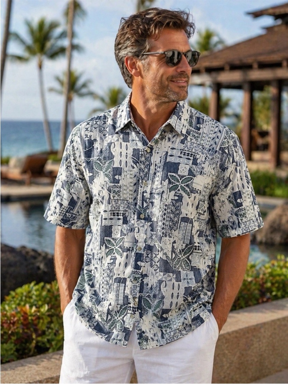 Go Barefoot Men’s 2XL Hawaiian Shirt Blue Gray Tropical Rayon Aloha